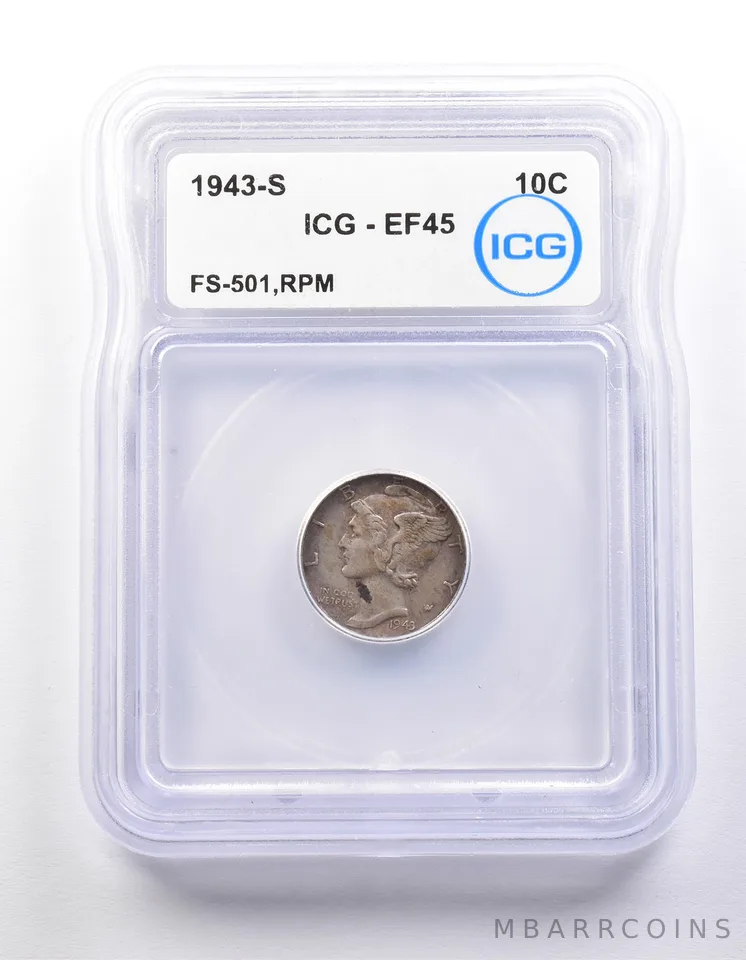 1943-S Mercury Dime FS-501 RPM EF45 ICG a9835