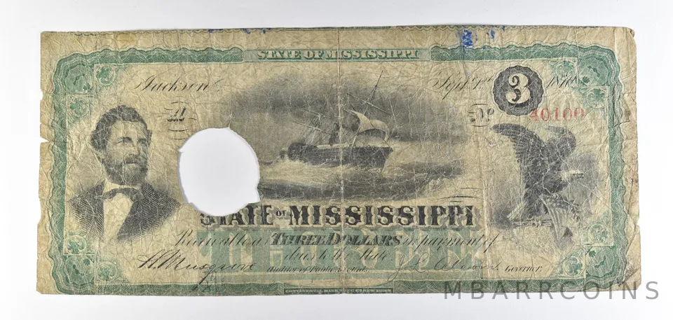 1870 $3 State Of Mississippi Obsolete Note *8671
