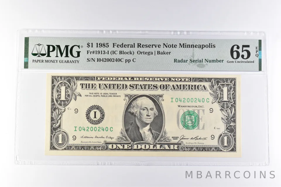 PMG 65Unc EPQ $1 1985 FRN Minneapolis Fr#1913-I Radar Serial Number 420! *3092