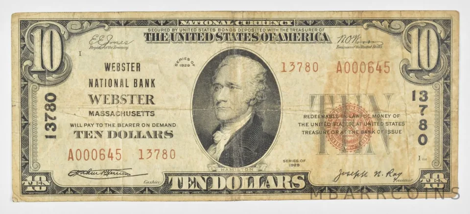 1929 $10 Webster, MA United States National Currency - 13780 a1487