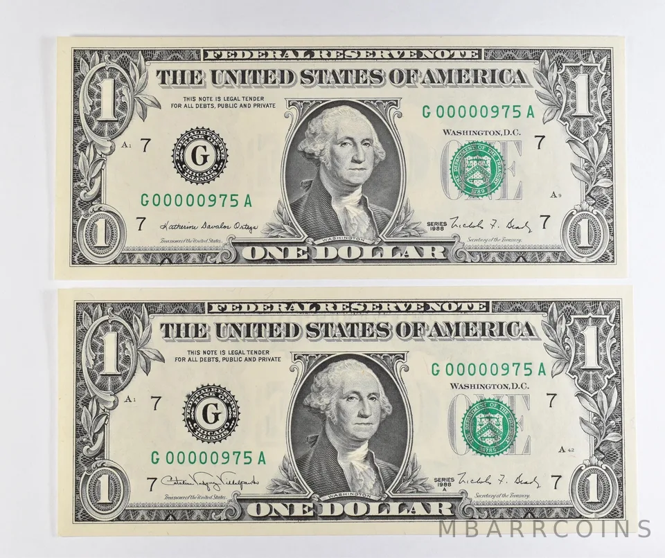 Lot (2) Matching Low Serial Numbers 1988/1988 A $1 Chicago IL *1716