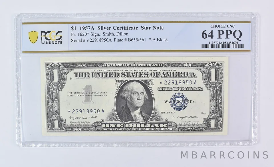 1957 A $1 Silver Certificate Star Note Fr#1620* Choice Unc 64 PPQ PCGS