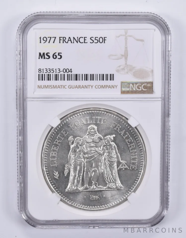 1977 France 50 Francs Silver MS65 NGC Brown Label