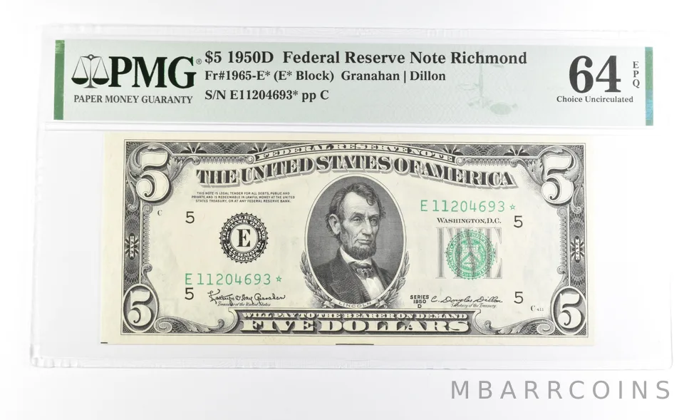 PMG 64 EPQ 1950 D $5 Richmond, VA US FRN Green Seal Fr#1965-E* Star Error a1045