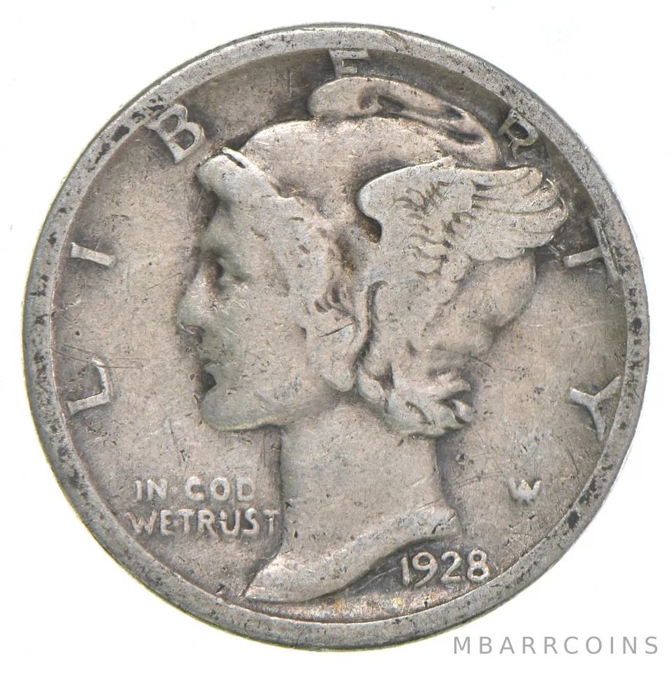 VG+ 1928-S Mercury 90% Silver Dime