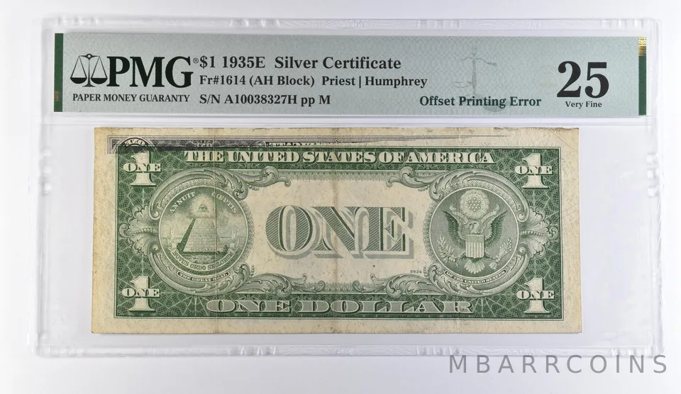 1935 E $1 Silver Certificate Offset Printing Error Fr#1614 VF 25 PMG *9404