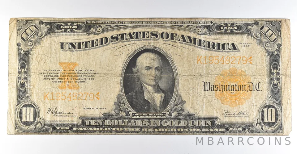 1922 $10 Gold Certificate Large Note Yellow Seal *8359