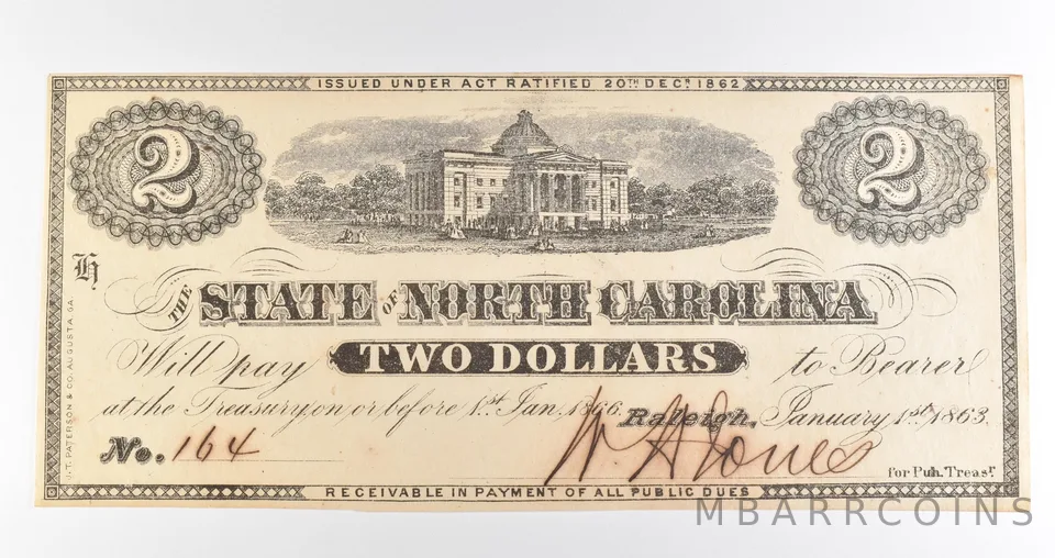 1863 $2 Raleigh NC State Of North Carolina Obsolete Note *3913