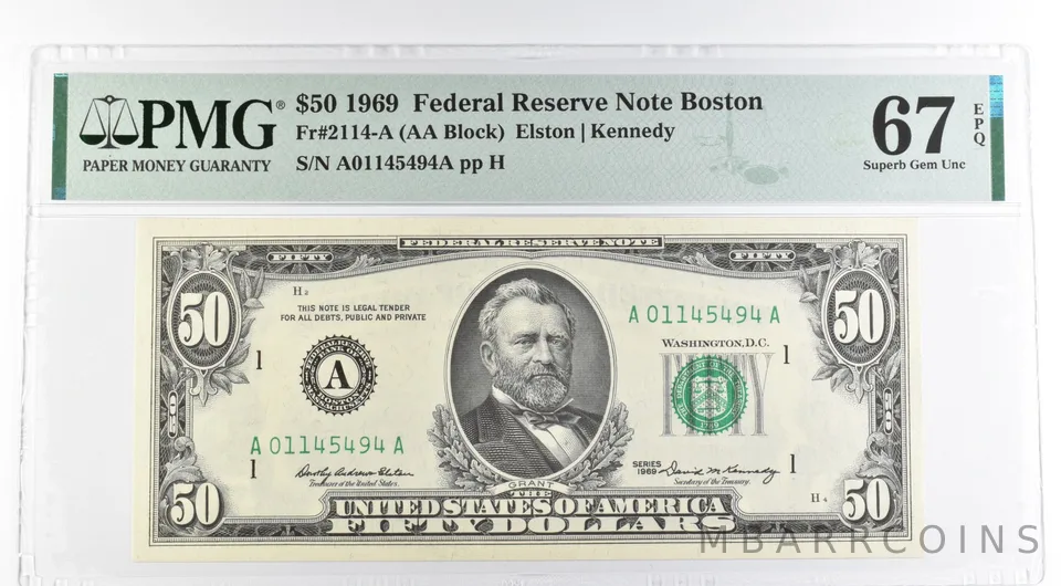 1969 $50 Boston MA US FRN Fr#2114-A 67 Superb Gem Unc EPQ PMG *8490