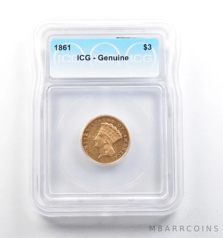 1861 $3 Indian Princess Head Gold Three Dollars Genuine ICG a5696