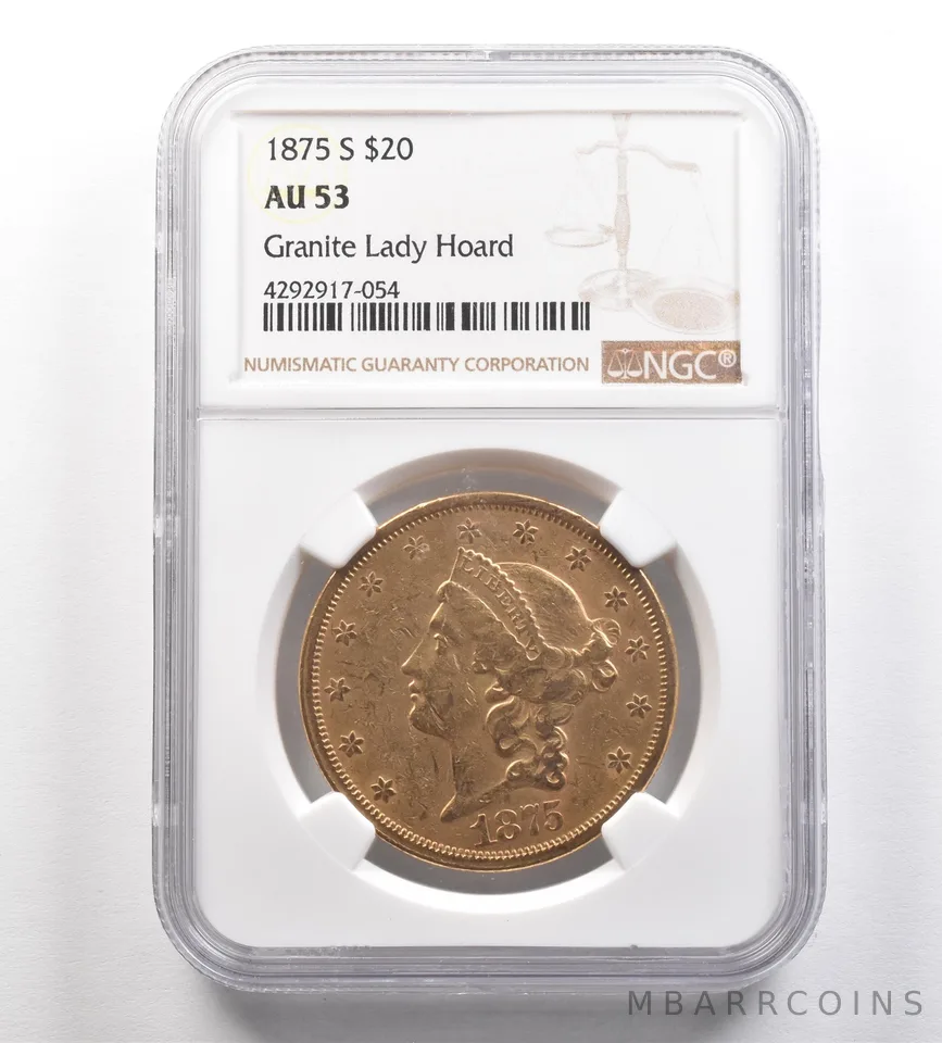 1875-S $20 Liberty Head Gold Double Eagle Granite Lady Hoard AU53 NGC *4291