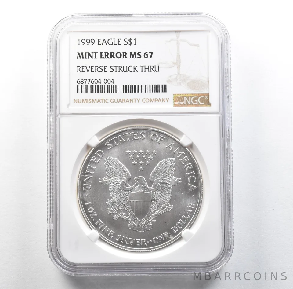 1999 American Silver Eagle Mint Error Reverse Struck Thru MS67 NGC *3161