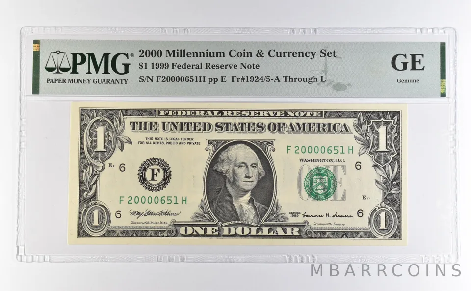 2000 Millennium Coin & Currency $1 1999 FRN Atlanta GA PMG Low Serial 651 a4598