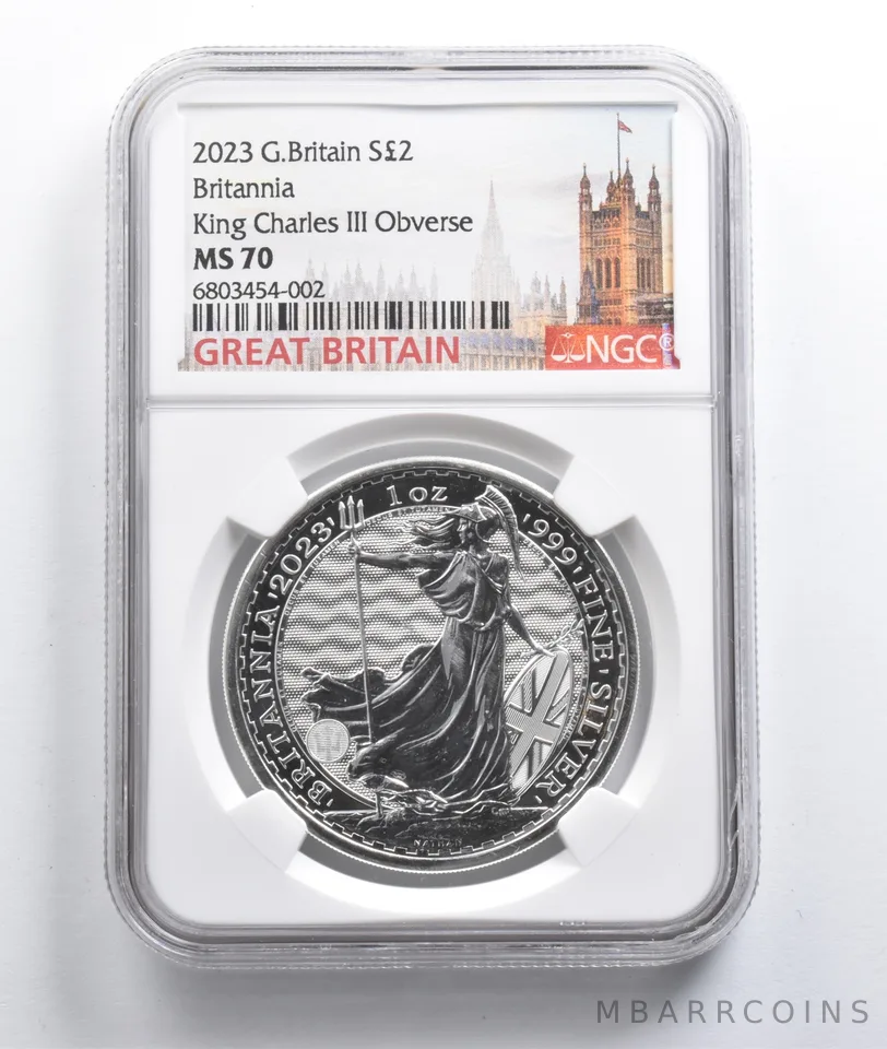 2023 Great Britain 2 Pounds Silver Britannia King Charles III OBV MS70 NGC a0459
