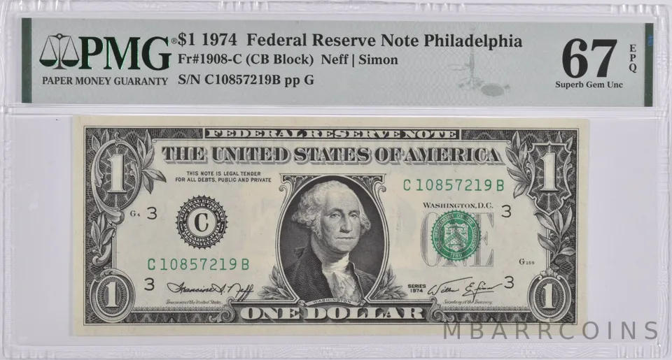 $1 1974 FRN Philadelphia, PA Fr#1908-C PMG Superb Gem Unc 67 EPQ