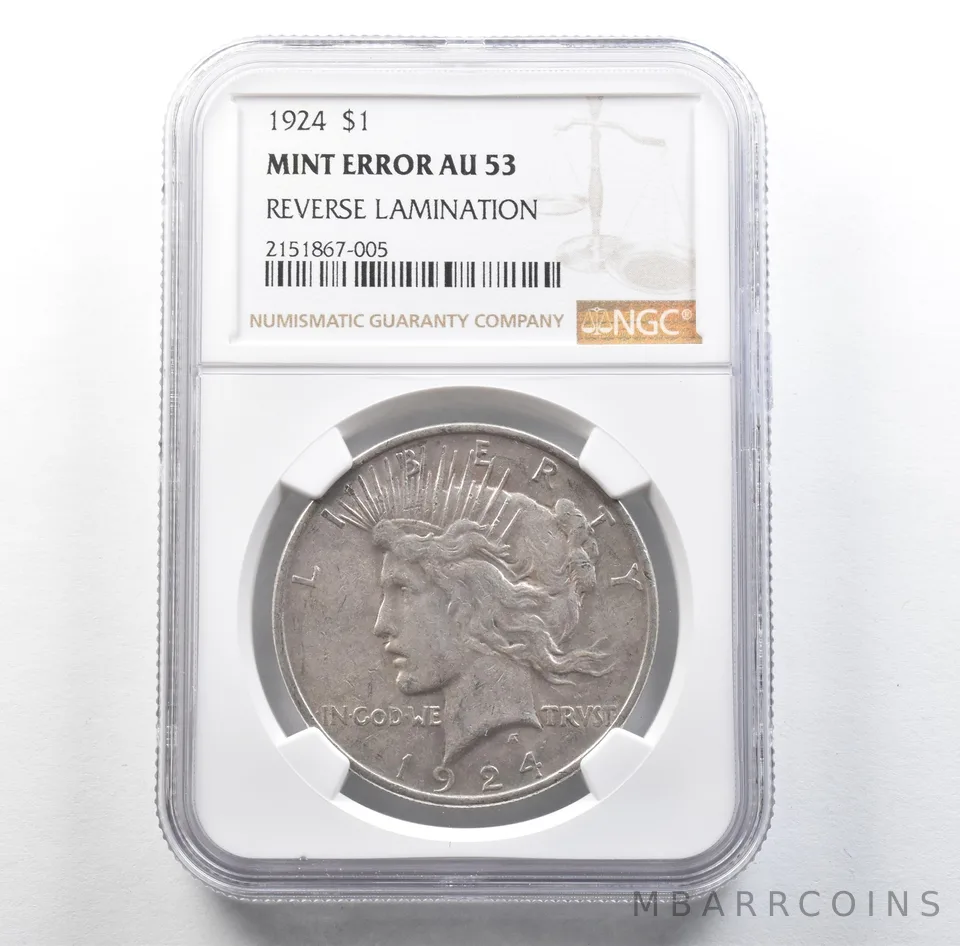 1924 Peace Silver Dollar Mint Error Reverse Lamination AU53 NGC *3157