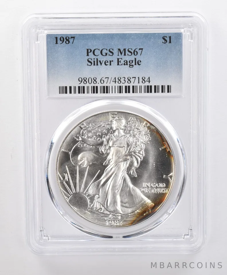 MS67 1987 American Silver Eagle PCGS Yellow/Green Peripheral Toning *1205