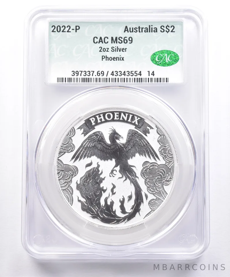 2022 P Australia 2 Dollars Silver Phoenix 2 Oz Silver MS69 CAC CACg