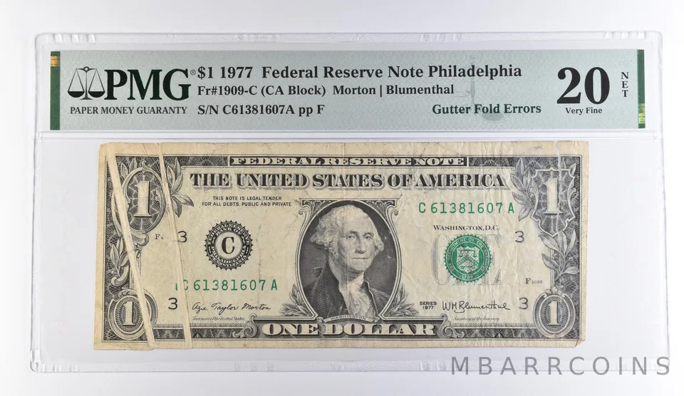 1977 $1 Philadelphia PA FRN Gutter Fold Errors Fr#1909-C VF 20 NET PMG *9499