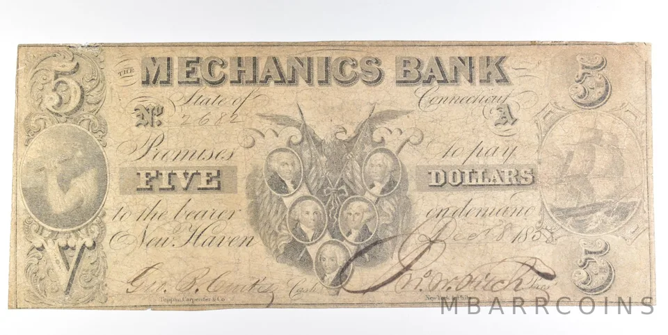 1838 $5 New Haven CT Mechanics Bank Obsolete Note *0238