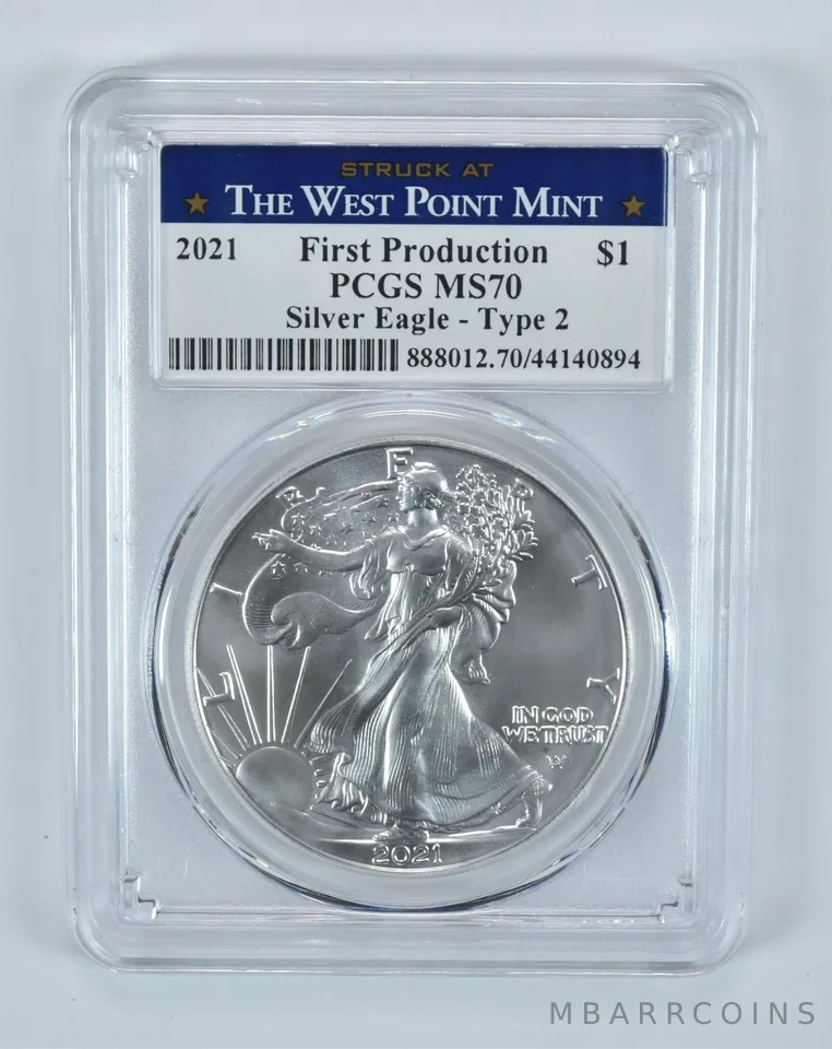 2021 American Silver Eagle Type 2 1st Production West Point Lbl MS70 PCGS