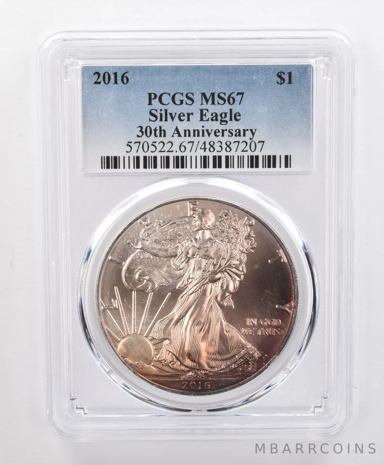 MS67 2016 American Silver Eagle PCGS Beautifully Toned Maroon/Yellow Hues *0161