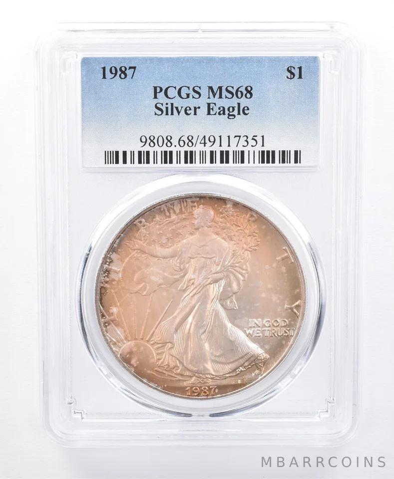 1987 American Silver Eagle MS68 PCGS Purple/Orange Tone *8624