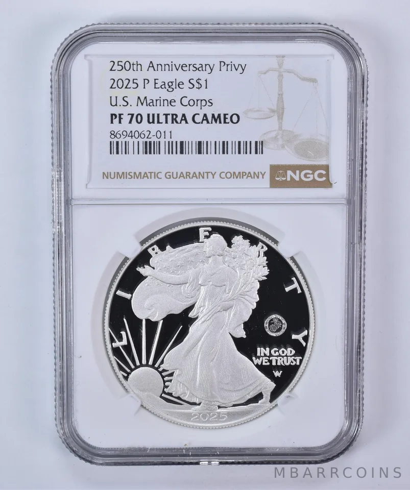 2025-P American Silver Eagle Marine Corps 250th Anniversary Privy PF70 UCAM NGC