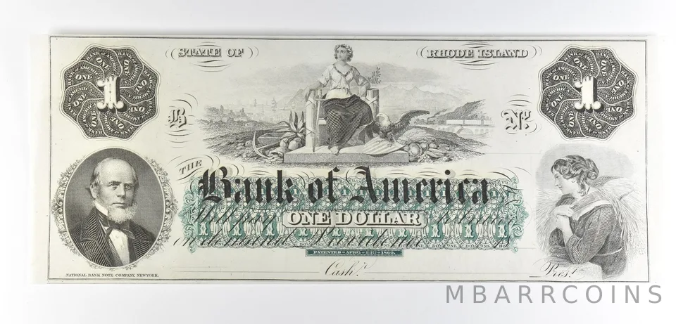 1800s $1 Rhode Island Bank Of America Obsolete Note *8564