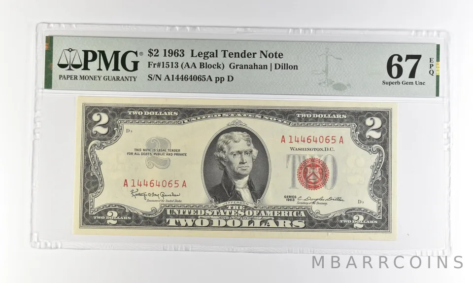 1963 $2 Legal Tender Red Seal Fr#1513 Superb Gem Unc 67 EPQ PMG *4523