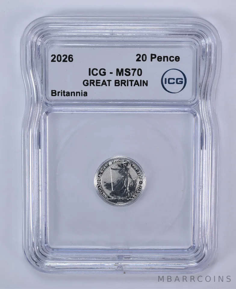 2026 Great Britain 20 Pence Silver Britannia 1/10 Oz Silver MS70 ICG