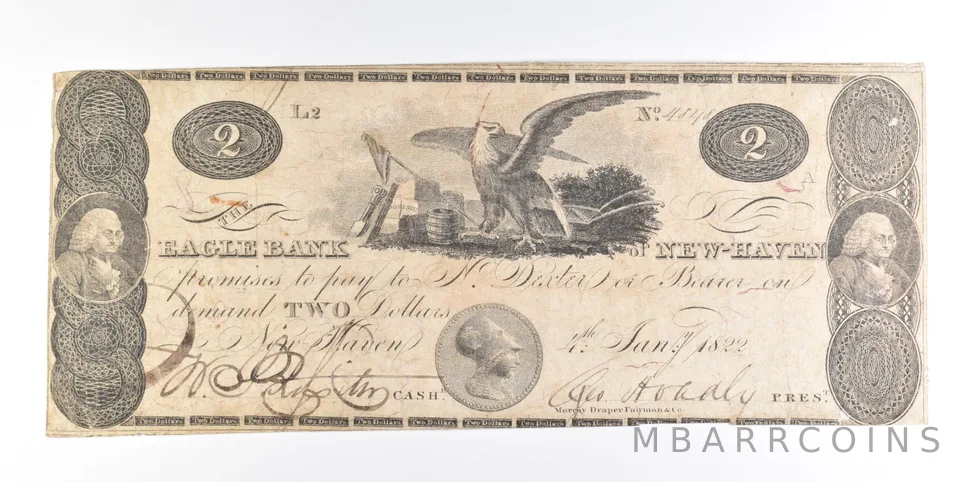 1822 $2 New Haven CT Eagle Bank Obsolete Note *0234
