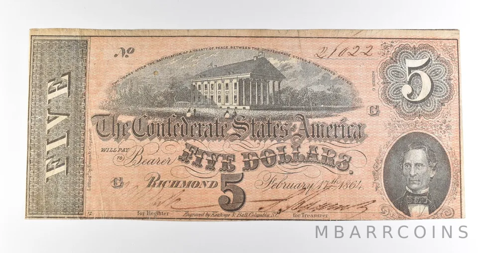 1864 $5 Richmond VA Confederate States Of America Obsolete Note *3892