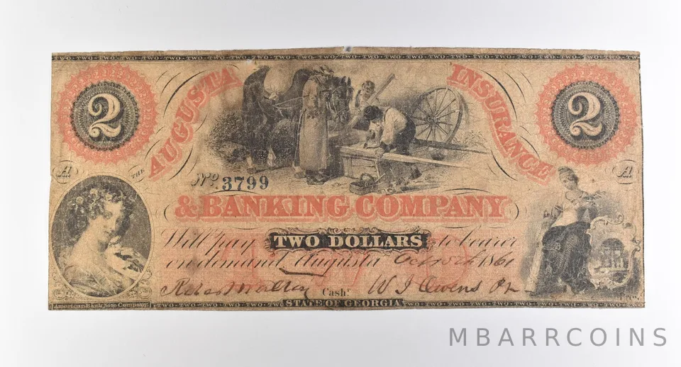 1861 $2 Augusta GA Banking & Insurance Company Obsolete Note *3833