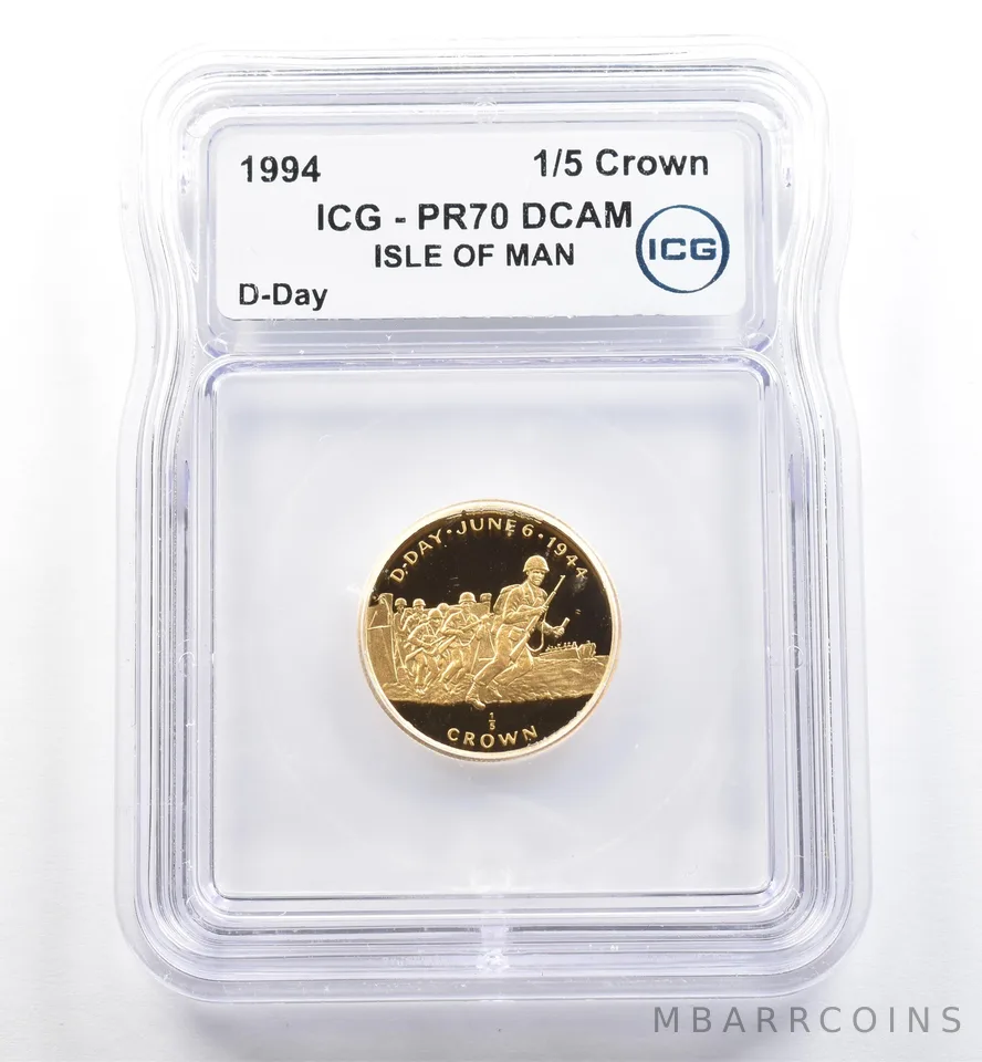 1994 Isle Of Man 1/5 Crown Gold D-Day PR70 DCAM ICG *6499