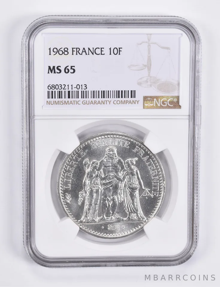 1968 France 10 Francs 90% Silver MS65 NGC Brown Label