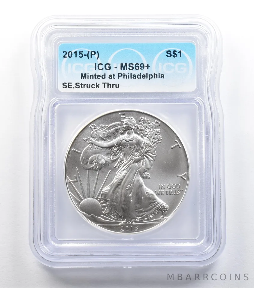2015 (P) Silver Eagle Mint Error Struck Thru Philadelphia MS69+ ICG *5427