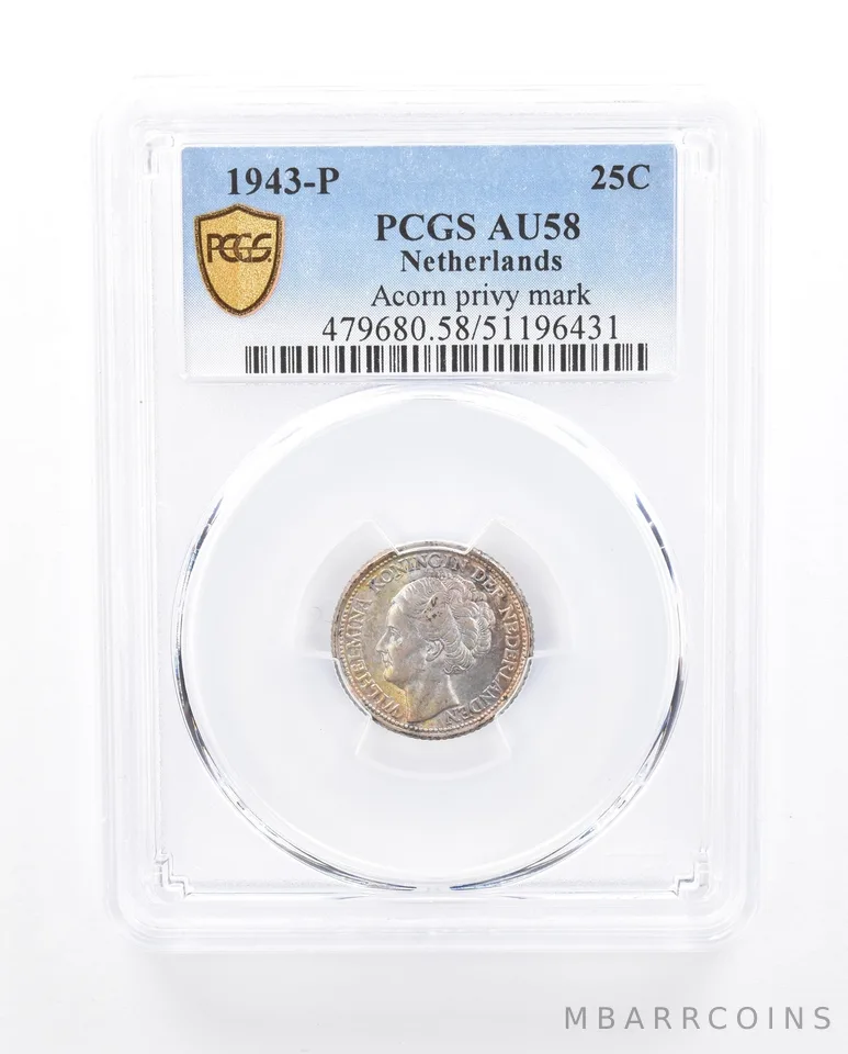 1943 P Netherlands 25 Cents Acorn Privy Mark AU58 PCGS Beautiful Tone *5386