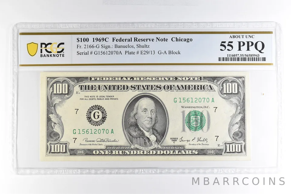 1969 C $100 Chicago IL FRN Fr#2166-G About Unc 55 PPQ PCGS *4965