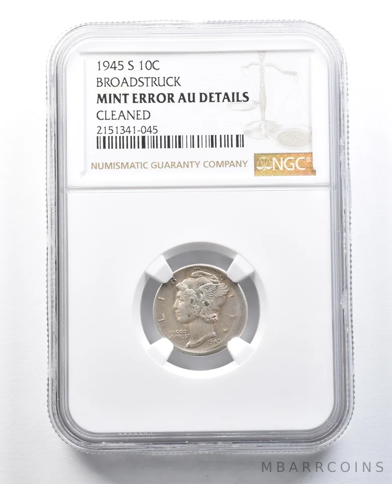 1945-S Mercury Dime Mint Error Broad Struck AU Details Cleaned NGC a8223