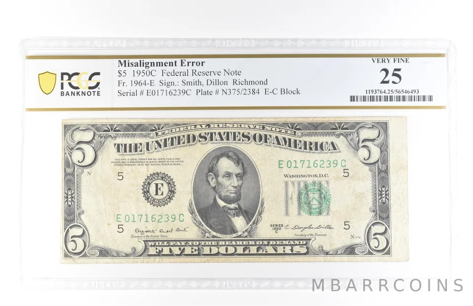 1950 C $5 Richmond VA FRN Misalignment Error Fr#1964-E Very Fine 25 PCGS *5806