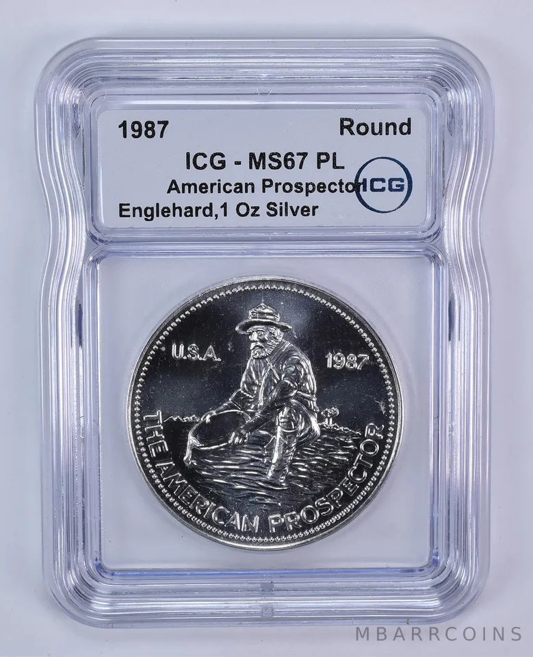 1987 Engelhard 1 Oz Silver American Prospector Eagle Reverse MS67 PL ICG