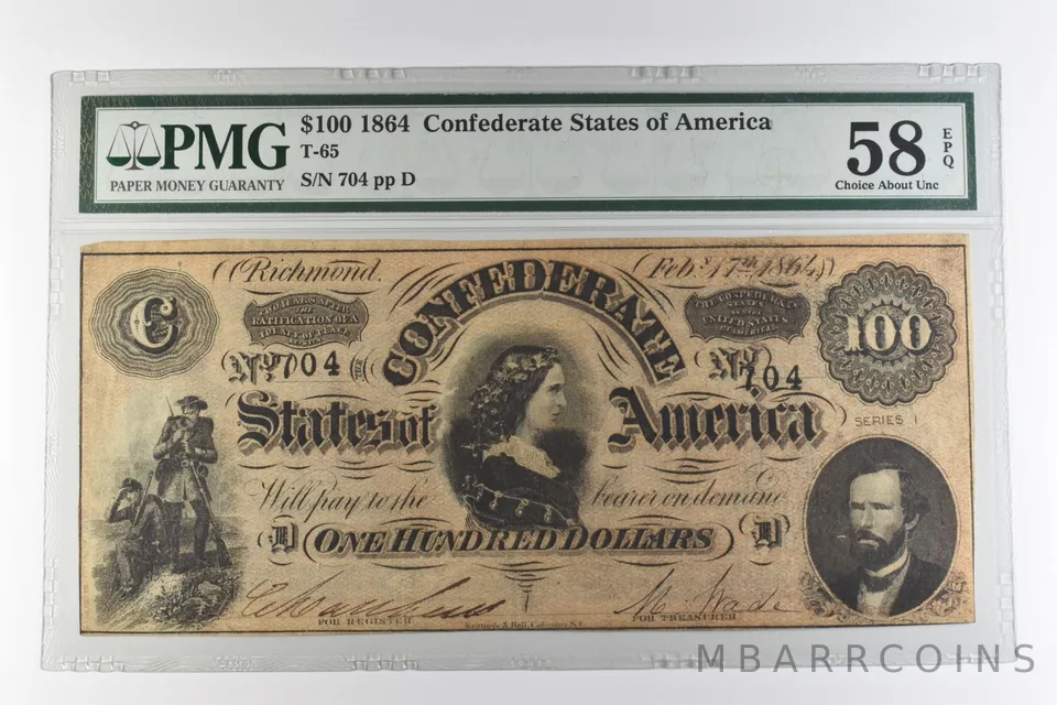 1864 $100 Confederate States of America T-65 Choice About Unc 58 EPQ PMG *0974
