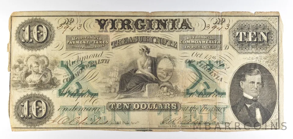 1862 $10 Richmond VA Treasury Note Obsolete Note *8752