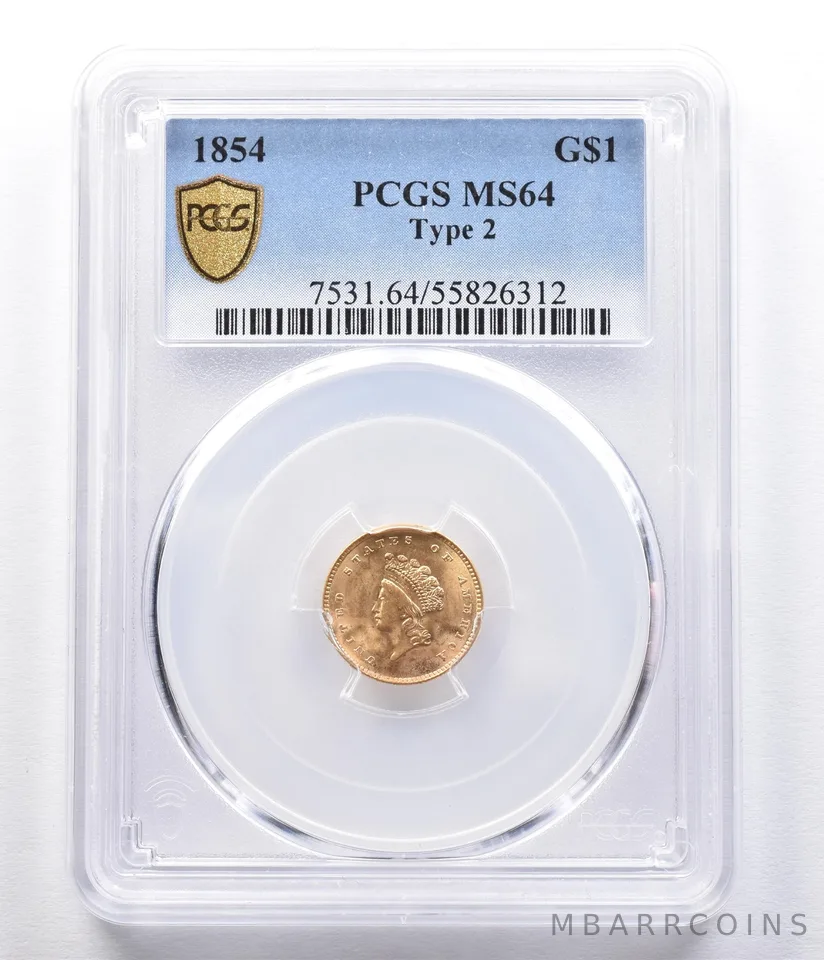 1854 $1 Indian Princess Head Gold Dollar Piece Type 2 MS64 PCGS *2334