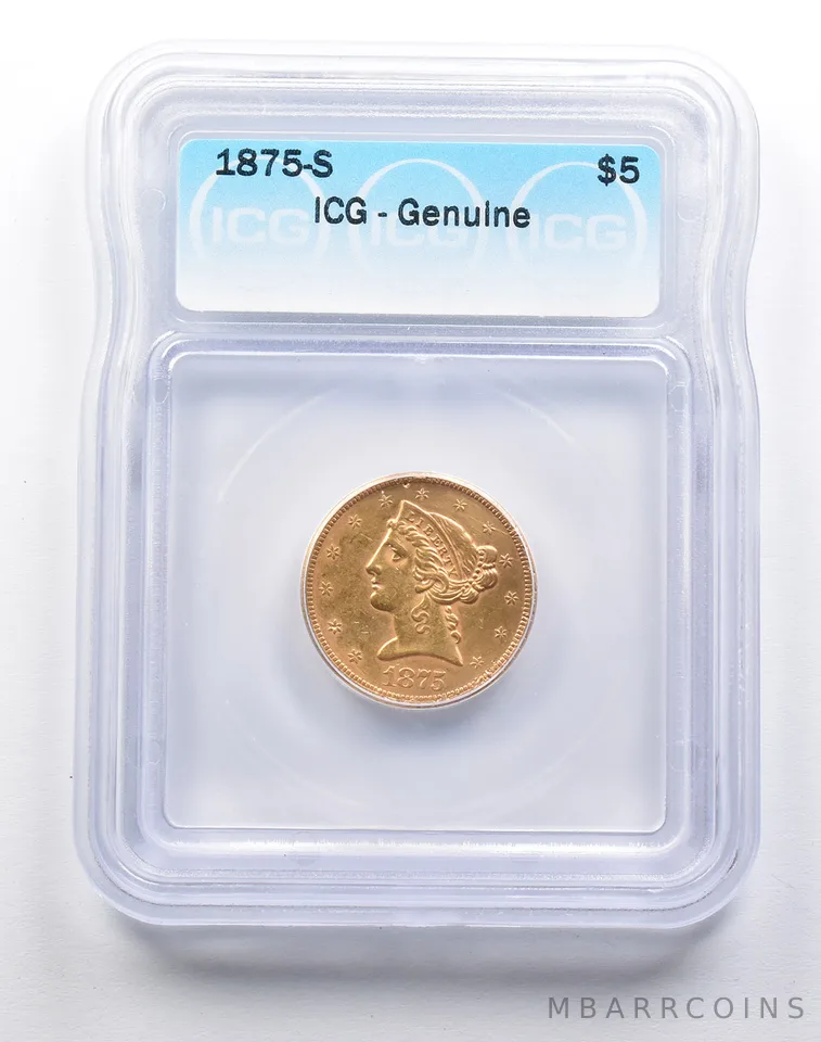 Genuine 1875-S $5 Liberty Head Gold Half Eagle ICG *8314