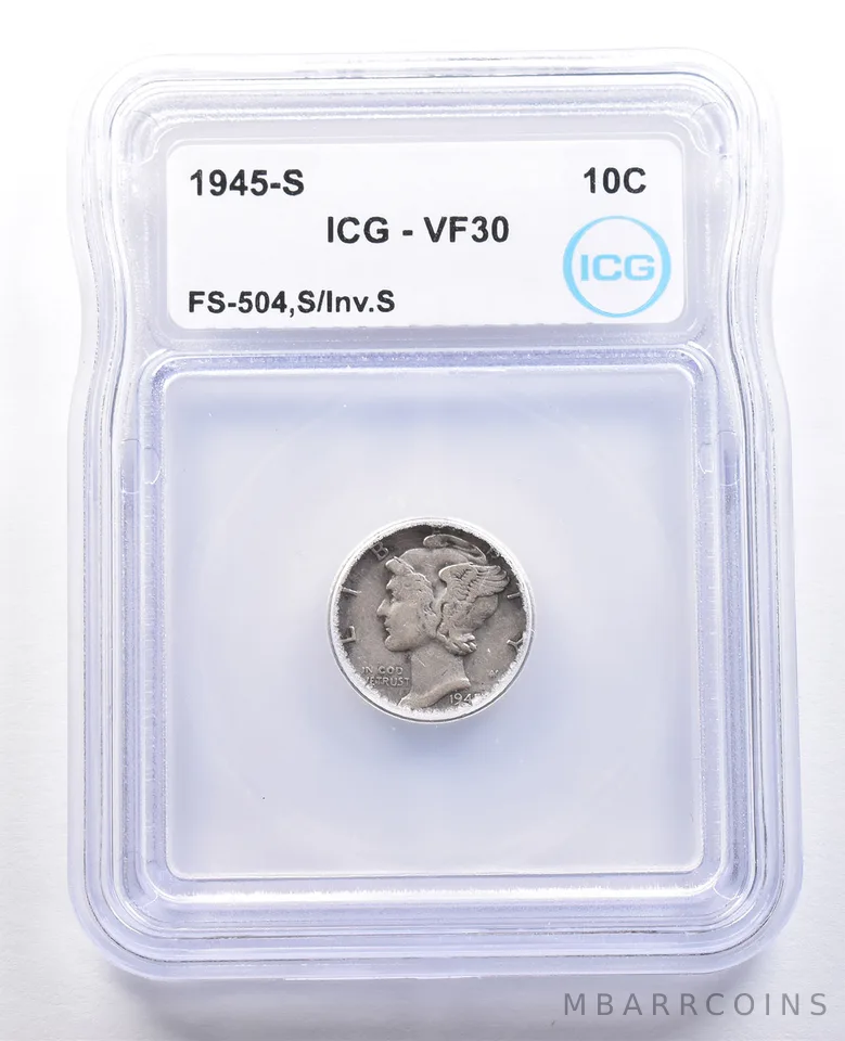 1945-S Mercury Dime FS-504 S/Inv S VF30 ICG *4670