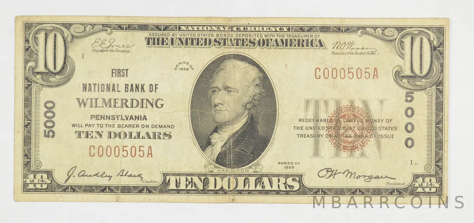 1929 $10 National Currency Note - Wilmerding, PA - Low Serial # a5958
