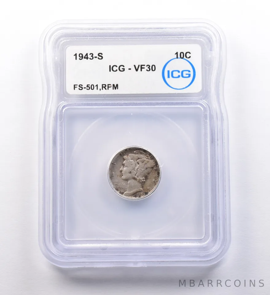 1943-S Mercury Dime FS-501, RPM VF30 ICG *9702