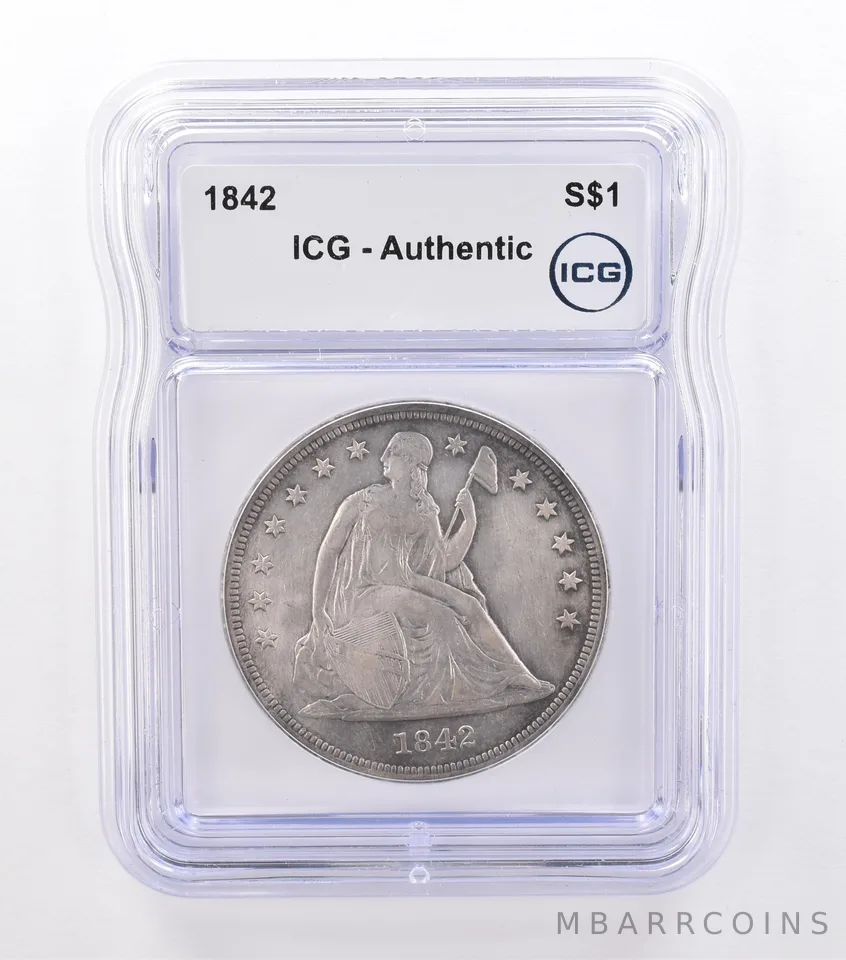 1842 Seated Liberty Silver Dollar Authentic ICG Beautiful Tone *9209